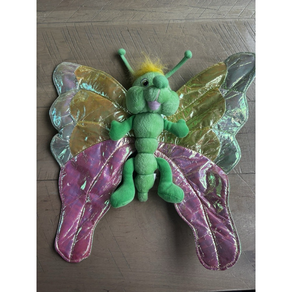 VINTAGE IRIDESCENT GREEN BUTTERFLY PINK + YELLOW WINGS STUFFED ANIMAL PLUSH TOY